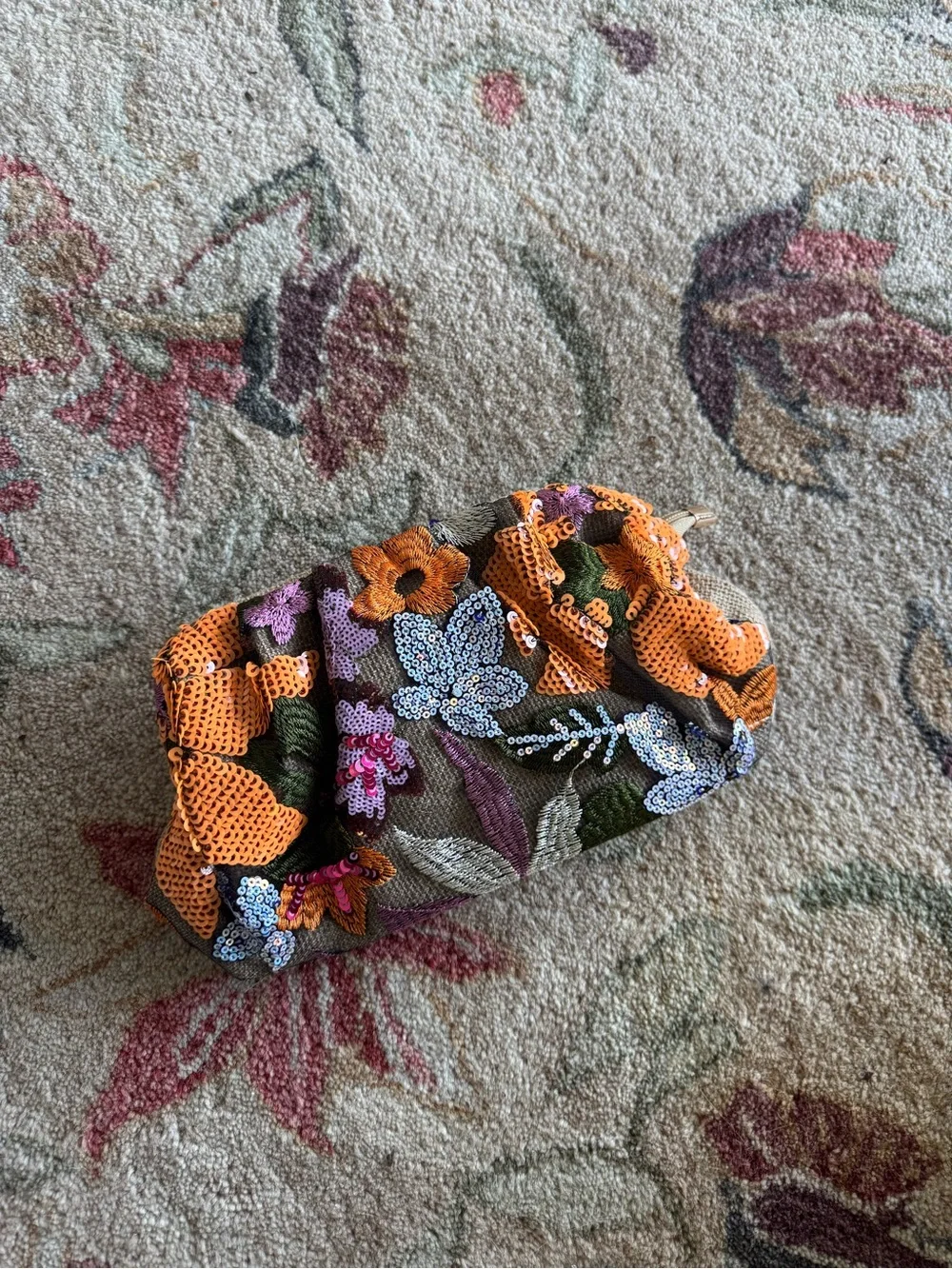 Embellished Floral Sequin Clutch in Orange and Multicolor